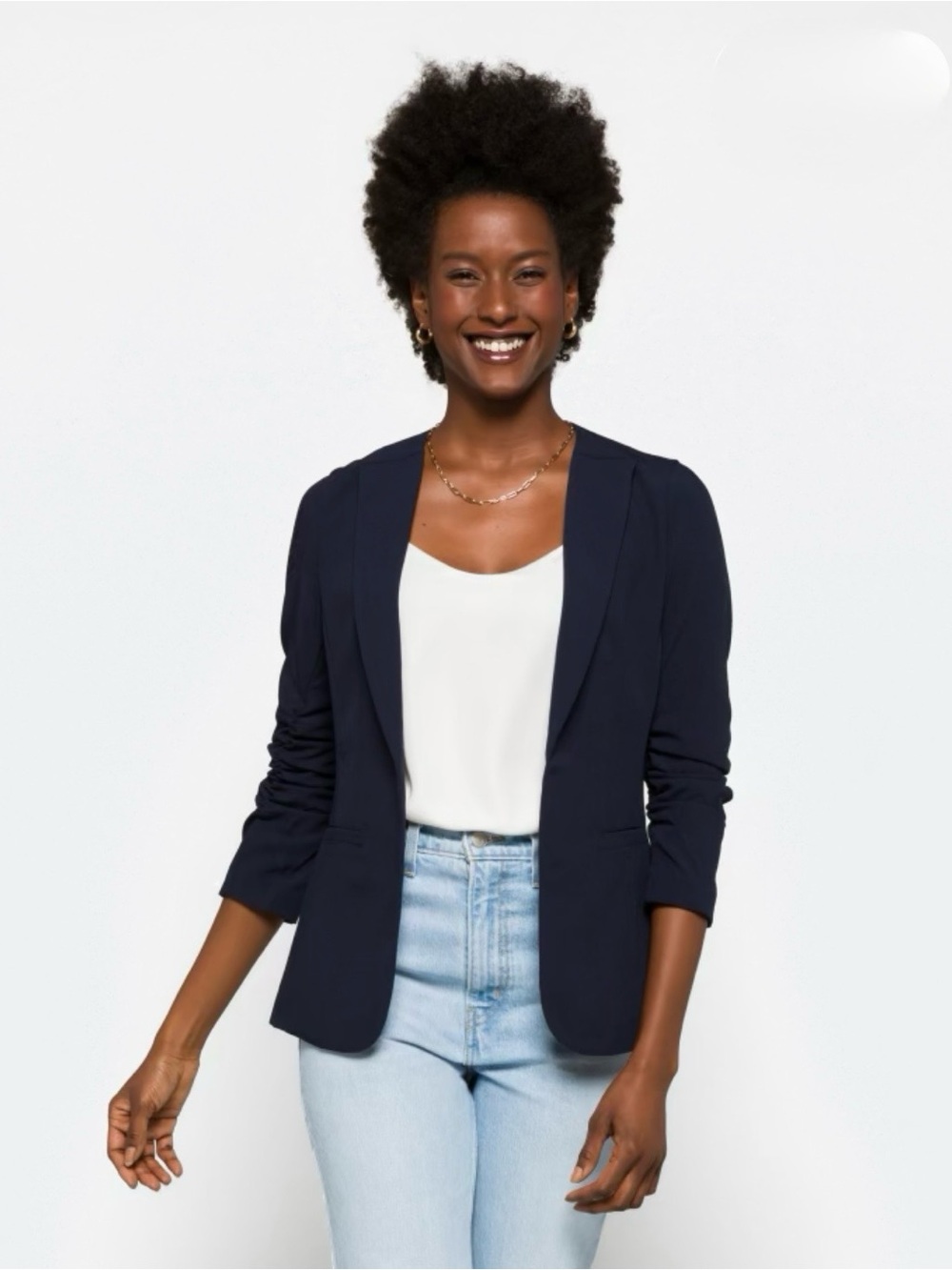 Skies Are Blue Navy Open-Front Ruched-Sleeve Blazer